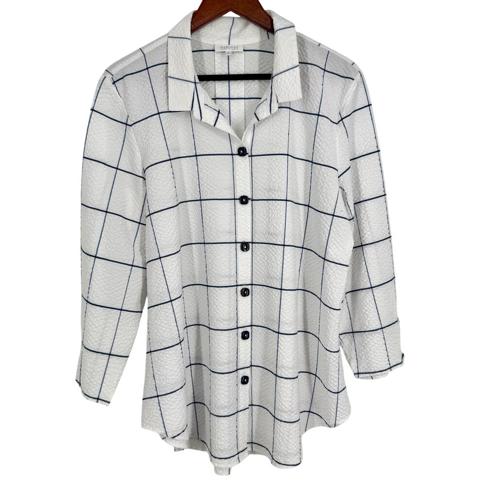 Habitat Sz XL White Blue Long Sleeve Wearable Art to Wear Blouse Shirt Top Artsy
